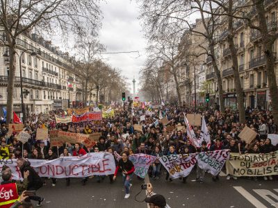 Demonstration organized by the trade unions in the French uprising against the government pension reform