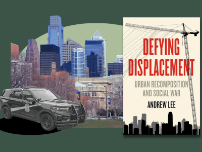 Collage of U Penn campus and Wayne State University police car wit Defying Displacement cover