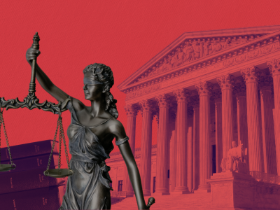 Collage image of Supreme Court, statue, and law books