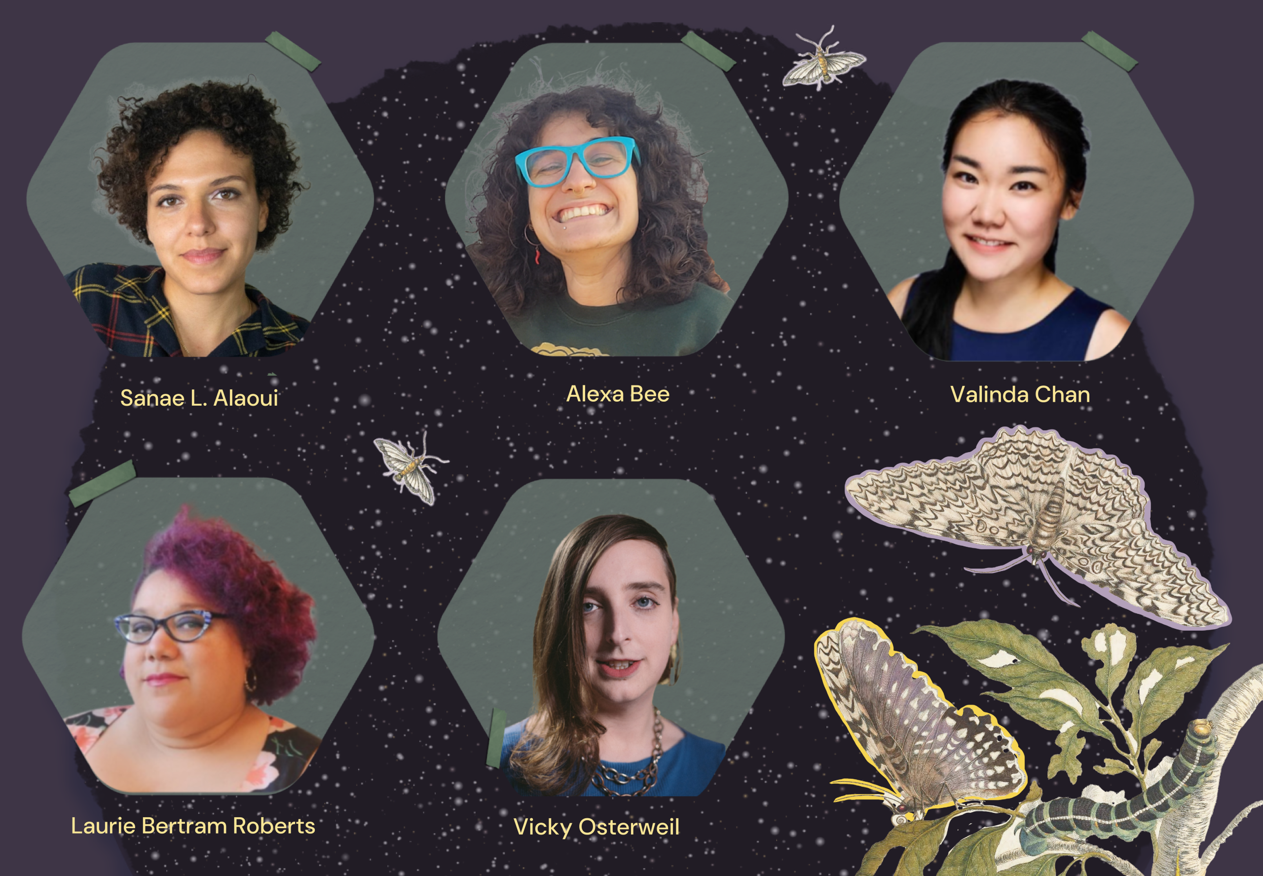 Portrait of presenters Sanae L Alaoui, Alexa Bee, Valinda Chan, Laurie Bertram Roberts, and Vicky Ostwerweil