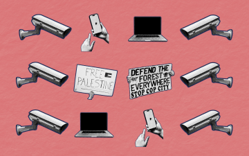 Collage featuring surveillance cameras, phone, laptop, and protest signs
